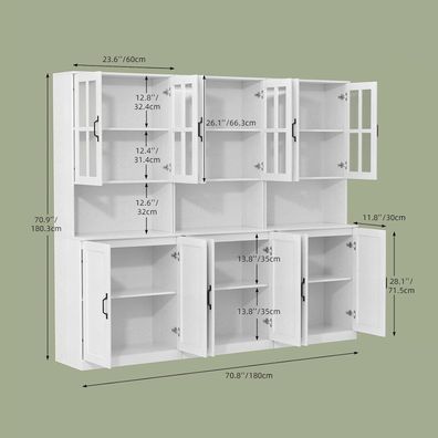 VOWNER Hochschrank 180cm mit Glastüren und offenem Fach, 5 Ebenen, 60x40 cm