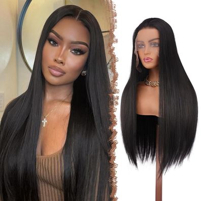Feshfen Lace Front Perücke Natürlich Schwarz - Lange Glatte Synthetik Haar