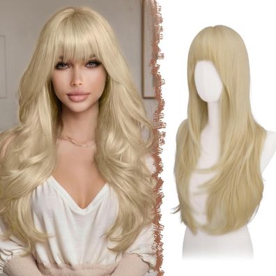 Feshfen Lange Perücke mit Pony, 65 cm, geschichtet, hellblond, Synthetik, für