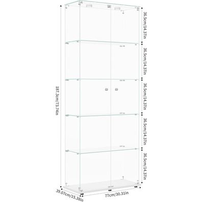 Blsyhdh Glasvitrine Standvitrine mit LED, 5 Etagen, 2 Türen und Schloss, Weiß