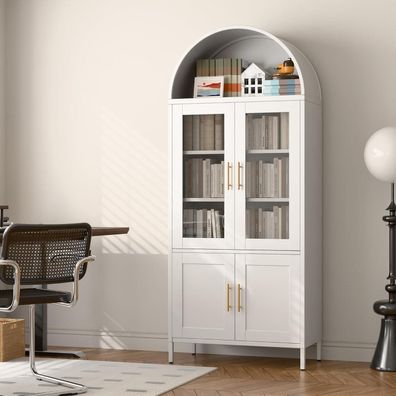SUPEER Metall Vitrinenschrank mit Bogendach, 185x80x40 cm, 4 Türen (2x Glas, 2x