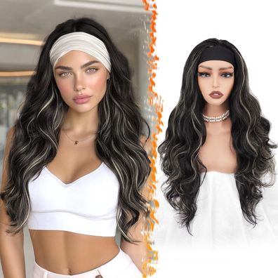 Barsdar Gewellte Stirnband Perücke, 66cm, Schwarz mit Blond Highlights