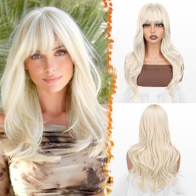 Barsdar Platinblond Layered Perücke mit Pony, 50cm, weiche gewellte