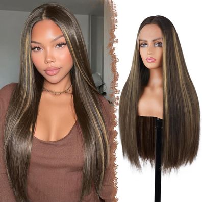 Feshfen Lace Front Perücke Braun Mix Blond, lange glatte Synthetik-Haarperücke