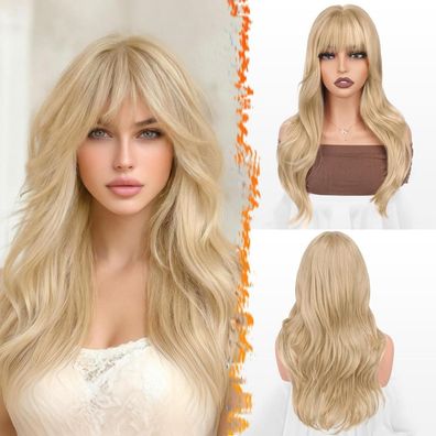 Barsdar Beige Blond Perücke mit Pony, 50cm Layered Blond Perücke mit Bangs für