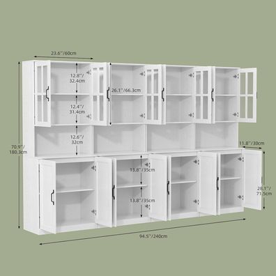 VOWNER 180 cm Hochschrank mit Glastüren und offenem Fach, 5 Ebenen Bücherschrank