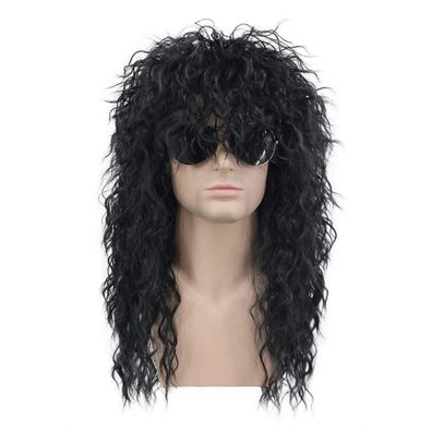 karlery Herren Perücke Rocker Metal Vokuhila Lang Locken Schwarz für 70er 80er