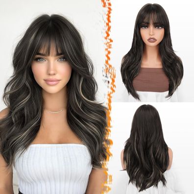 Barsdar Lange Perücke 50cm Braun/Blond Highlights, gewellt mit Pony, natürlich