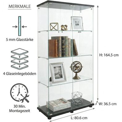 Pllbikk Glasvitrine Standvitrine, 80,6x36,5x164,5cm, Modern, 2 Glastüren, 4