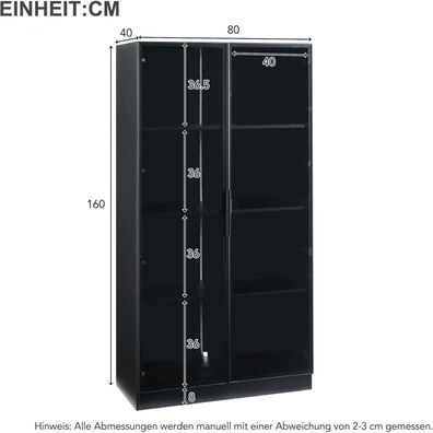 Dolamaní Glasvitrine mit LED-Beleuchtung, 80x40x160 cm, 2 Glastüren
