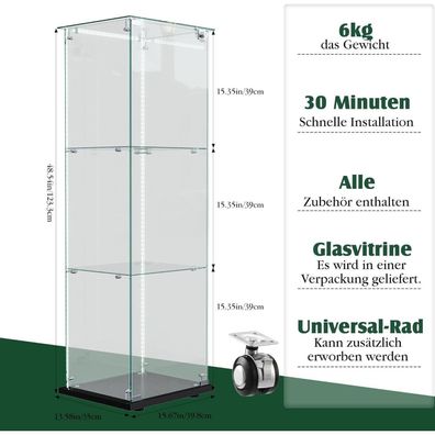 Blsyhdh Glasvitrine Standvitrine mit LED, 3 Etagen, 1 Tür mit Schloss, Schwarz