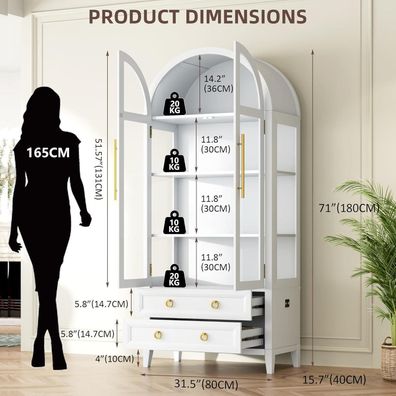 LVSOMT Gewölbte Glasvitrine 180cm mit LED Beleuchtung, 4 Regalen und 2