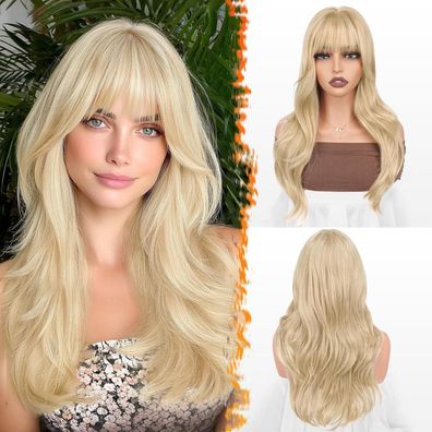 Barsdar Blond Perücke mit Pony, 50cm Layered Gewellte Synthetische Perücke für