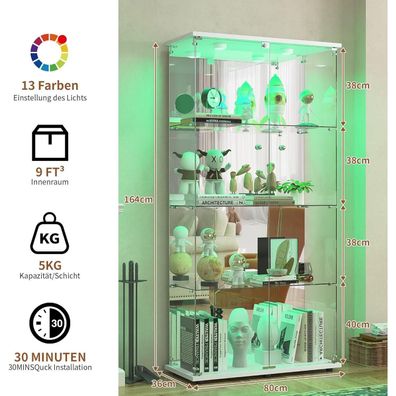 Moderne Glas Standvitrine mit LED, Spiegelrückwand, abschließbar, 4 Glasböden
