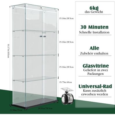 Bpkadhy Glas Standvitrine mit LED Beleuchtung, 2 Türen, 4 Etagen, Schwarz