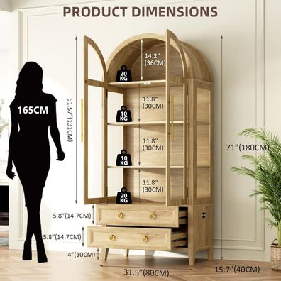 LVSOMT Gewölbte Glasvitrine mit LED Beleuchtung, 180cm Vitrinenschrank mit