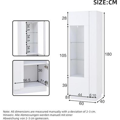 LANTRO JS Vitrine mit Acryltür, LED-Lichtstreifen und 3 Glasböden, Weiß