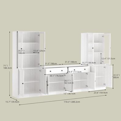 VOWNER Großer TV-Schrank 280cm mit Bücherregalen und Glastüren, weiß