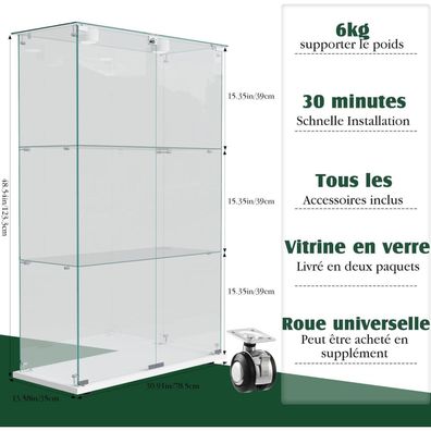 Timorwtf Glasvitrine mit LED, 2 abschließbare Türen mit Schloss, 3