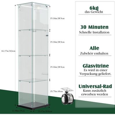 Blsyhdh Glasvitrine Standvitrine mit LED, 4 Etagen, 1 Tür mit Schloss, Schwarz