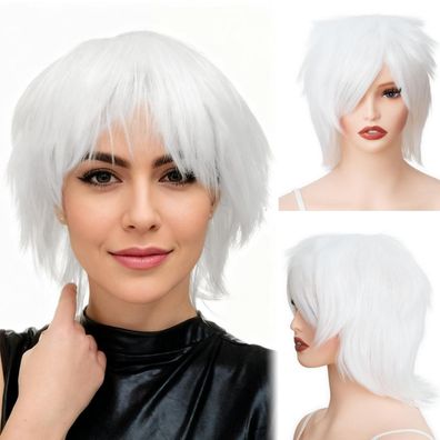 Luxiremi Cosplay Anime Perücke Kurzhaar Weiß für Herren Damen - Halloween