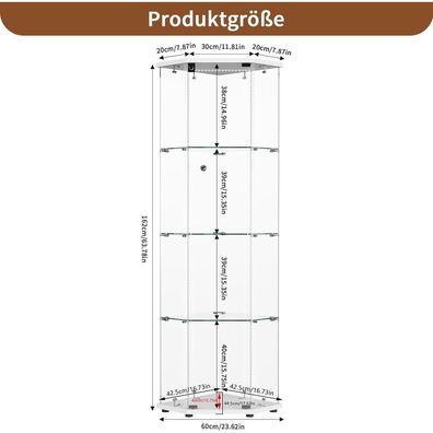 Blsyhdh Glasvitrine Stehend mit LED, 4 Etagen, 1 Tür mit Schloss, Weiß