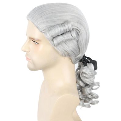 Topcosplay Herren Barock Perücke mit Zopf, lockig, grau - Ideal für Cosplay