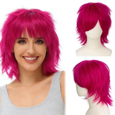 Luxiremi Cosplay Anime Perücke Kurzhaar Heiß Rosa für Herren Damen Halloween