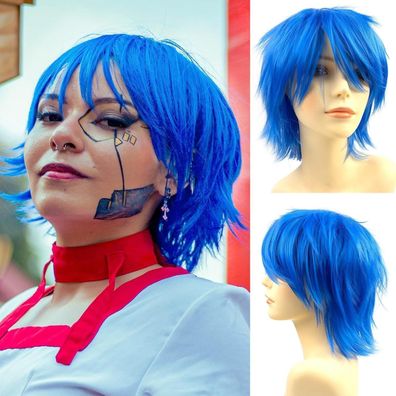 Luxiremi Cosplay Anime Perücke Kurzhaar Neon Blau für Herren Damen Halloween