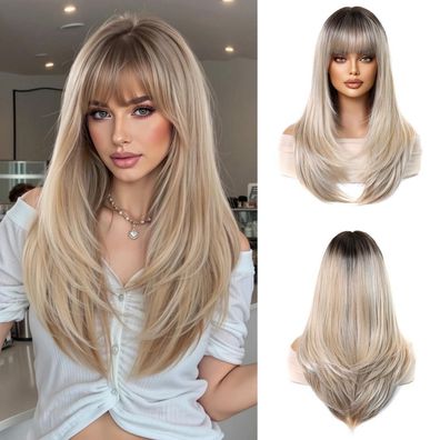 Esmee Damen Perücke - Lange Glatte Ombre Perücke Gemischtes Blond Synthetikhaar