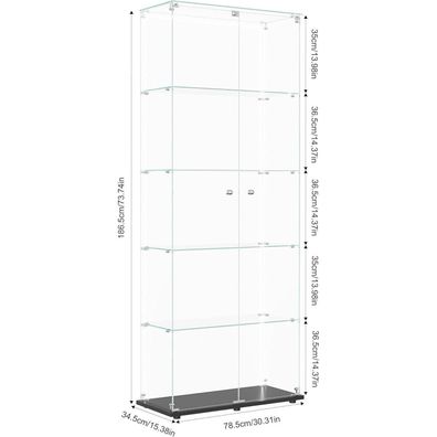 Mioosut Glasvitrine mit LED-Licht, 5 Regalen, 2 Türen, 78.5x34.5x186.5cm