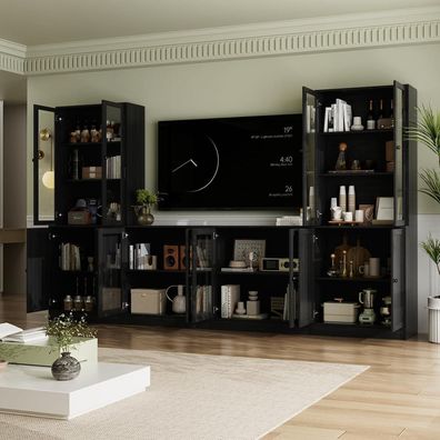 VOWNER Großer TV-Schrank 280cm Schwarz mit Bücherregalen, für TVs bis 70 Zoll