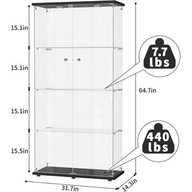 Bpkadhy Glasvitrine Standvitrine, abschließbar, 4 Glasböden, 2 Türen, 164x80x36