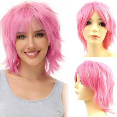 Luxiremi Cosplay Anime Perücke Kurzhaar Rosa für Herren Damen Halloween Kostüm