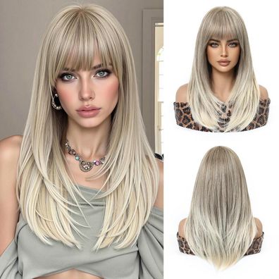 Esmee Lange Glatte Aschblond Ombre Perücke mit Pony Synthetikhaar für Damen