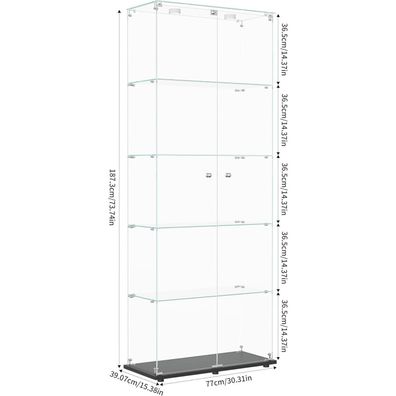 Blsyhdh Glasvitrine Standvitrine mit LED, 5 Etagen, 2 Türen und Schloss, Schwarz