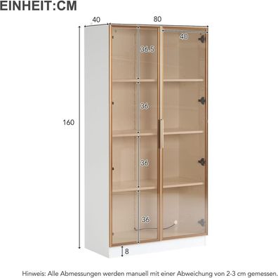 LANTRO JS Glasvitrine mit LED Beleuchtung, Weiß, 3 bewegliche Einlegeböden