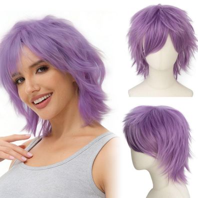 Luxiremi Cosplay Anime Perücke Kurzhaar Helllila für Herren Damen Halloween