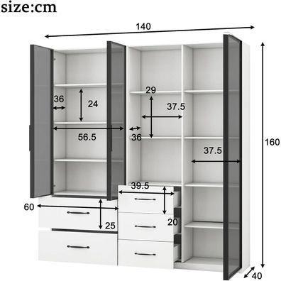 Dolamaní Vitrine mit LED Beleuchtung, 140x40x160 cm, Glas- und offene Fächer