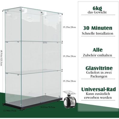 Blsyhdh Glasvitrine Standvitrine mit LED, 3 Etagen, 2 Türen und Schloss, Schwarz