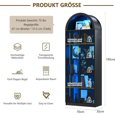 Fredees Arch Vitrine 195cm mit LED-Beleuchtung, 6-stöckig, schwarz