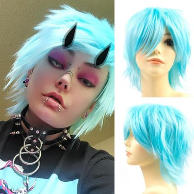 Luxiremi Cosplay Anime Perücke Kurzhaar Hellblau für Herren Damen Halloween