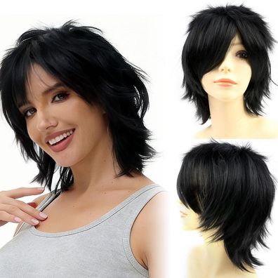 Luxiremi Cosplay Perücke Schwarz Gerade Synthetisch Geschichtet Kurzhaar für