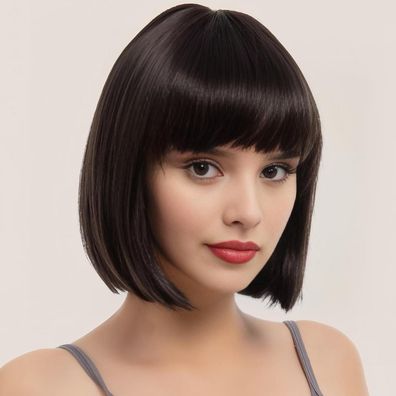 Luxiremi Bob Perücke Damen 12 Zoll Synthetik Glatt Rötlichbraun mit Pony für