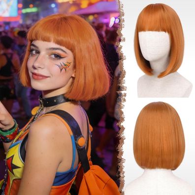 Feshfen Auburn Kurze Bob Perücke mit Pony, 30 cm Gerade Synthetische Cosplay