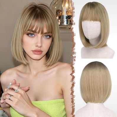Feshfen Ombre Blond Kurze Bob Perücke mit Pony, 30cm Gerade Synthetische