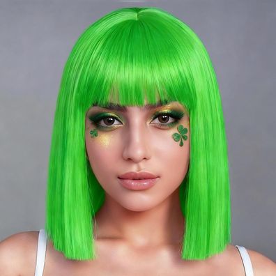 Luxiremi Bob Perücke Damen 13 Zoll Synthetik Grün Kurz Glatt mit Pony für