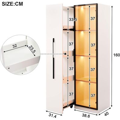 LANTRO JS Multifunktions Vitrine mit Glas, Rollen, Beleuchtung und Schublade