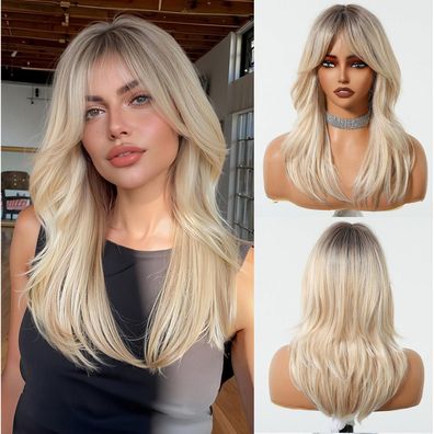 Esmee Lange Blonde Perücke mit Vorhang Pony - Synthetisches Haar für täglichen