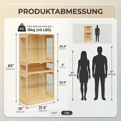 ZKIODV Glasvitrine mit LED Beleuchtung, 5 Ebenen, Staubdicht, 165x80 cm (Eiche)